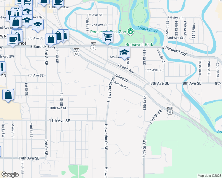 map of restaurants, bars, coffee shops, grocery stores, and more near 801 Hiawatha Street Southeast in Minot