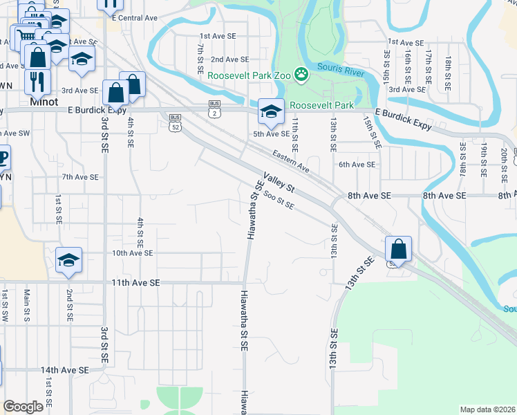 map of restaurants, bars, coffee shops, grocery stores, and more near 801-1099 Hiawatha Street Southeast in Minot