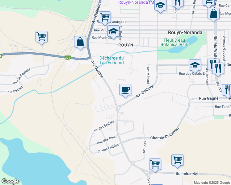 map of restaurants, bars, coffee shops, grocery stores, and more near 475 Avenue Québec in Rouyn-Noranda