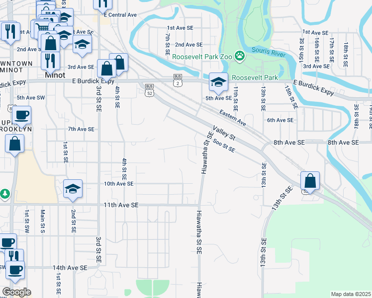 map of restaurants, bars, coffee shops, grocery stores, and more near 901 8th Street Southeast in Minot