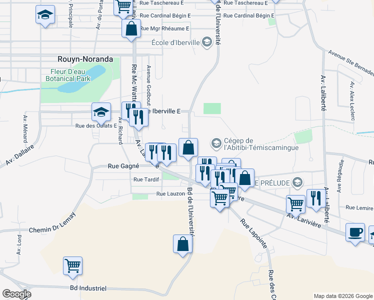 map of restaurants, bars, coffee shops, grocery stores, and more near 506 Boulevard de l'Université in Rouyn-Noranda