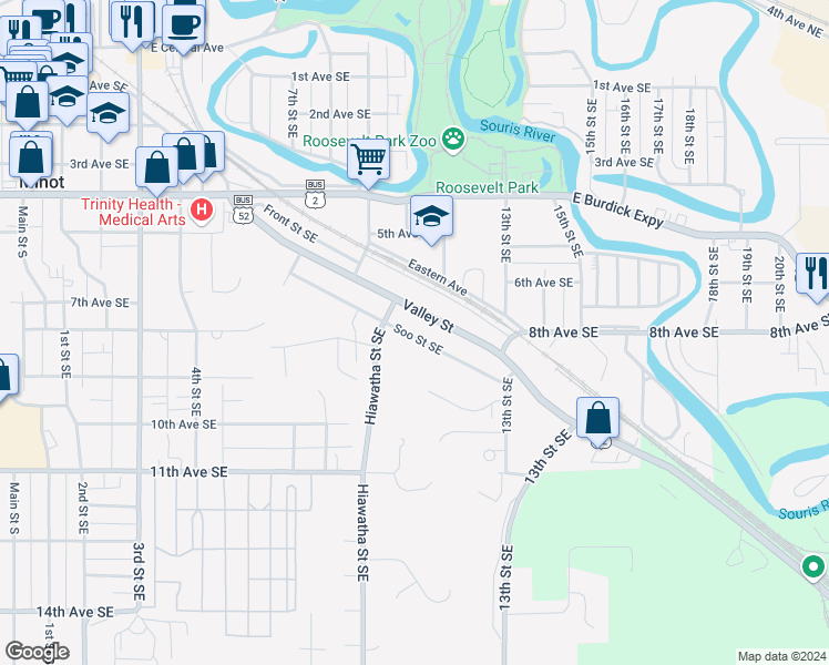 map of restaurants, bars, coffee shops, grocery stores, and more near 1021 Soo Street Southeast in Minot