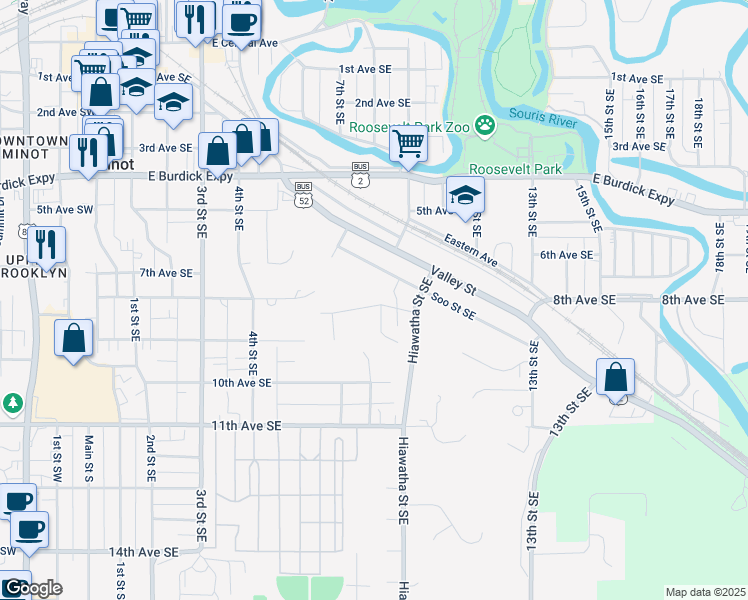 map of restaurants, bars, coffee shops, grocery stores, and more near 818 Soo Street Southeast in Minot