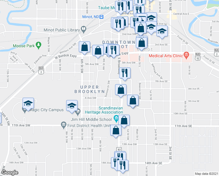 map of restaurants, bars, coffee shops, grocery stores, and more near 710 4th Street Southwest in Minot