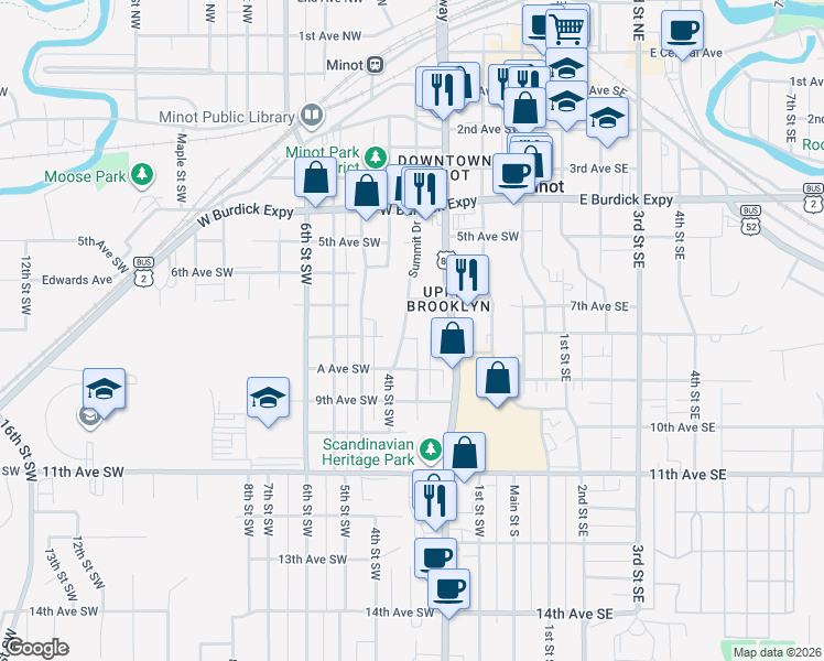 map of restaurants, bars, coffee shops, grocery stores, and more near 713 Summit Drive in Minot