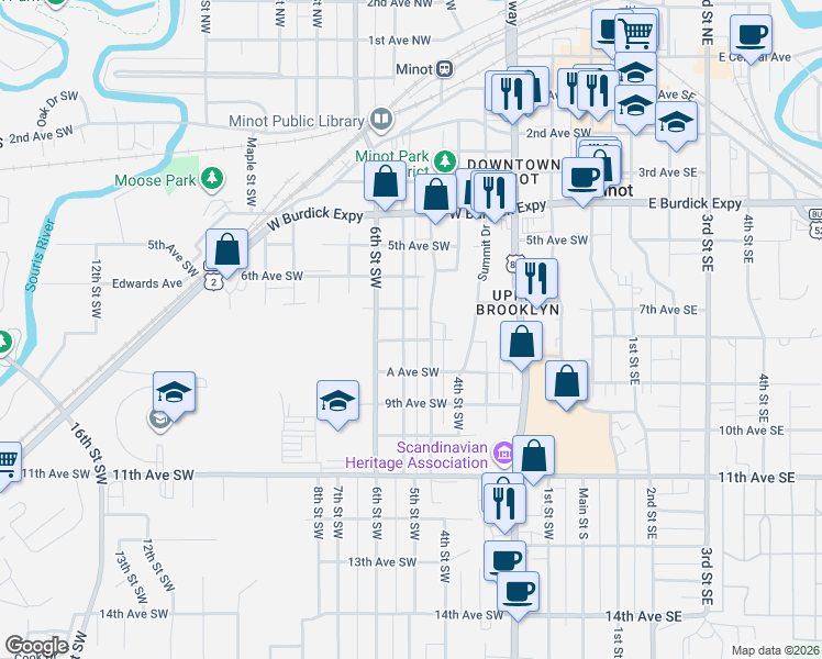 map of restaurants, bars, coffee shops, grocery stores, and more near 706 Park Street Southwest in Minot