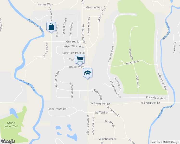 map of restaurants, bars, coffee shops, grocery stores, and more near 110 Granary Ridge Drive in Kalispell