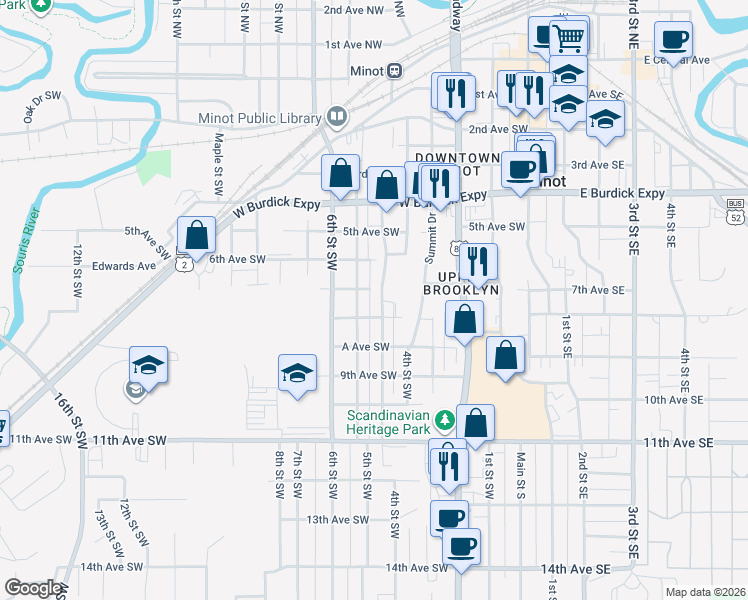 map of restaurants, bars, coffee shops, grocery stores, and more near 706 Park Street Southwest in Minot