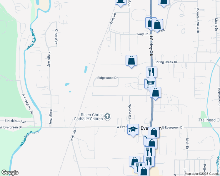 map of restaurants, bars, coffee shops, grocery stores, and more near 150 Ridgewood Drive in Kalispell