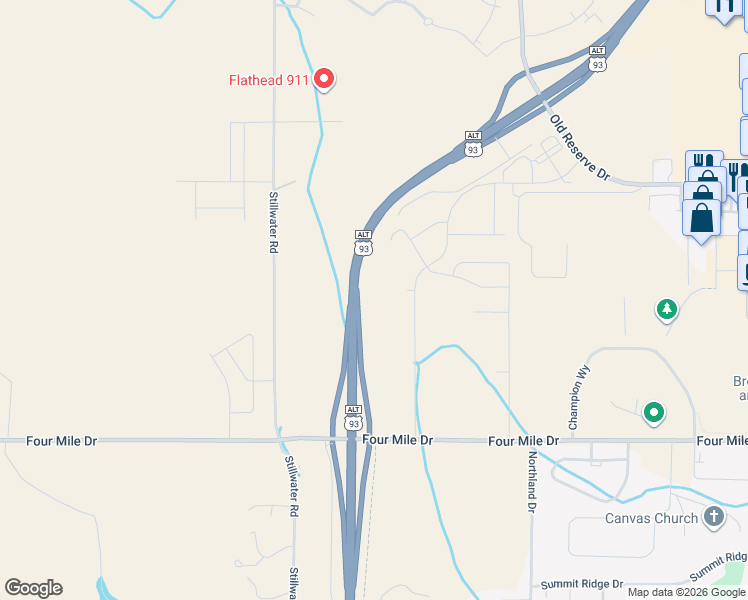map of restaurants, bars, coffee shops, grocery stores, and more near 1005 Treeline Road in Kalispell