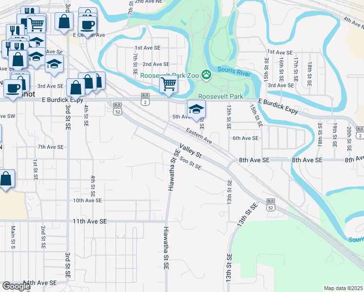 map of restaurants, bars, coffee shops, grocery stores, and more near 1006 Valley Street in Minot