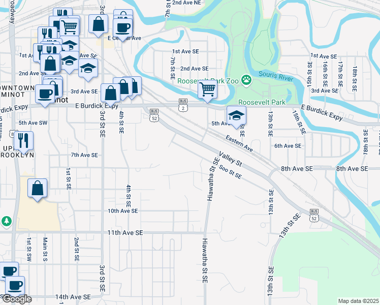 map of restaurants, bars, coffee shops, grocery stores, and more near 818 Soo Street Southeast in Minot