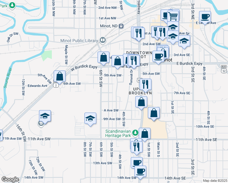 map of restaurants, bars, coffee shops, grocery stores, and more near 706 Park Street Southwest in Minot