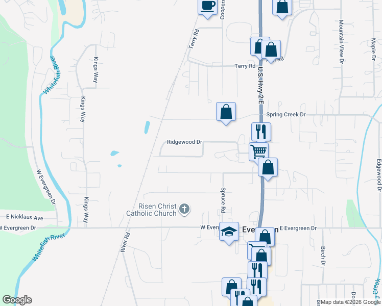 map of restaurants, bars, coffee shops, grocery stores, and more near 43 Meadow Lark Ridge Road in Kalispell