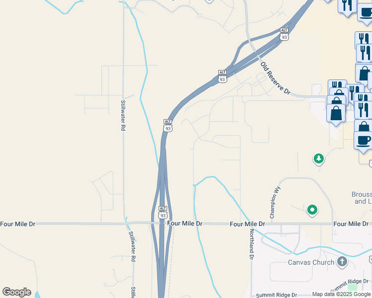 map of restaurants, bars, coffee shops, grocery stores, and more near 1005 Treeline Road in Kalispell