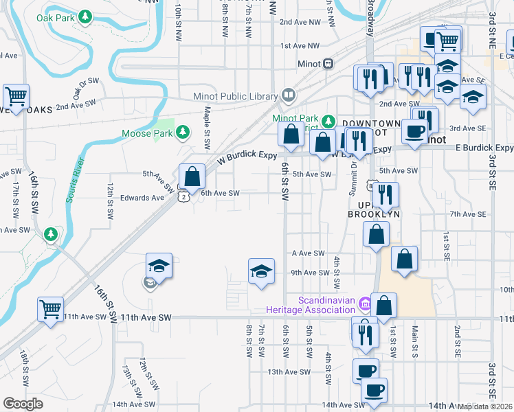 map of restaurants, bars, coffee shops, grocery stores, and more near 707 6th Avenue Southwest in Minot