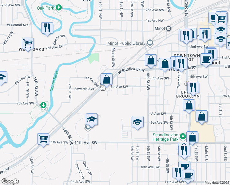 map of restaurants, bars, coffee shops, grocery stores, and more near 625 Maple Street Southwest in Minot