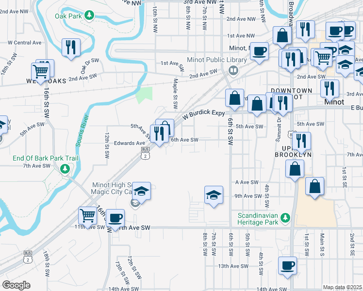 map of restaurants, bars, coffee shops, grocery stores, and more near 513 Maple Street in Minot
