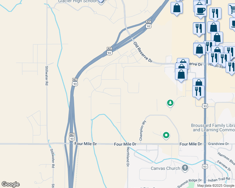 map of restaurants, bars, coffee shops, grocery stores, and more near Parkway Drive in Kalispell