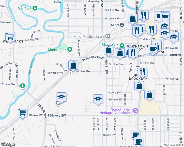 map of restaurants, bars, coffee shops, grocery stores, and more near 725 6th Avenue Southwest in Minot