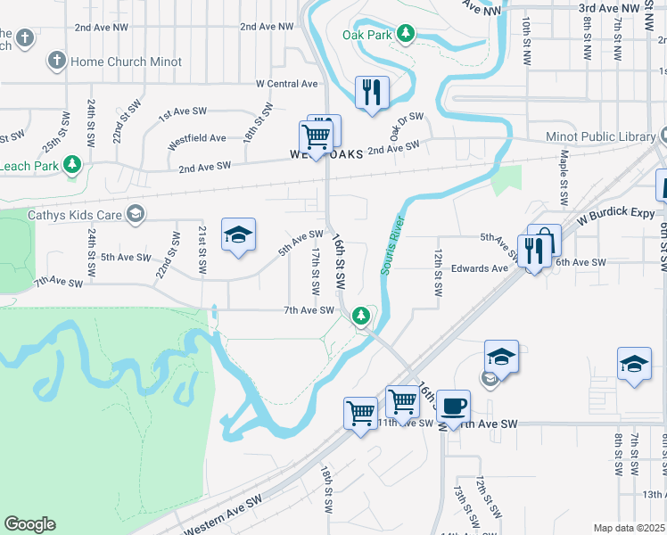 map of restaurants, bars, coffee shops, grocery stores, and more near 504 16th Street Southwest in Minot