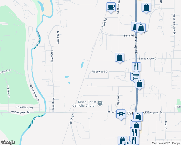 map of restaurants, bars, coffee shops, grocery stores, and more near 150-198 Ridgewood Drive in Evergreen