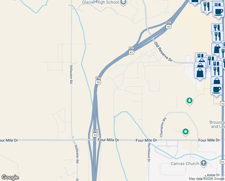 map of restaurants, bars, coffee shops, grocery stores, and more near Treeline Road in Kalispell