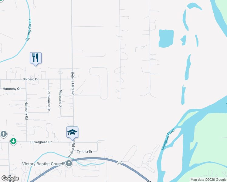 map of restaurants, bars, coffee shops, grocery stores, and more near 320 White Birch Lane in Kalispell