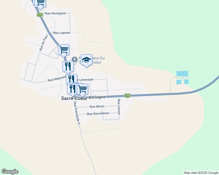 map of restaurants, bars, coffee shops, grocery stores, and more near 91 Rue Tremblay in Sacré-Coeur