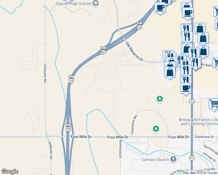map of restaurants, bars, coffee shops, grocery stores, and more near Unnamed Rd in Kalispell