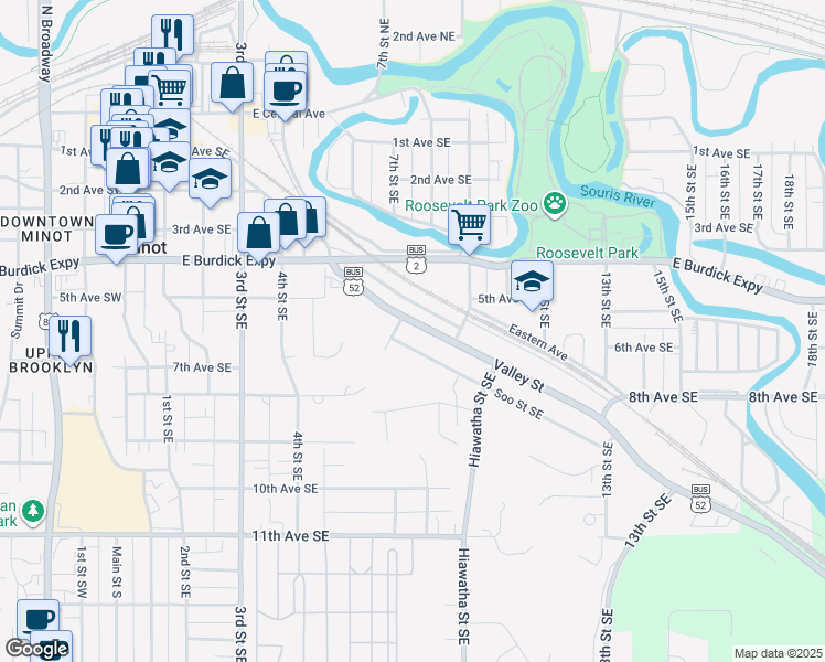 map of restaurants, bars, coffee shops, grocery stores, and more near 715 Valley Street in Minot