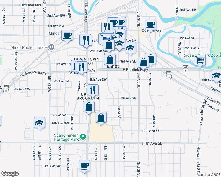 map of restaurants, bars, coffee shops, grocery stores, and more near 514 1st Street Southeast in Minot