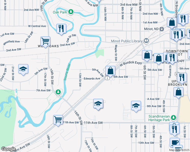map of restaurants, bars, coffee shops, grocery stores, and more near 1022 6th Avenue Southwest in Minot