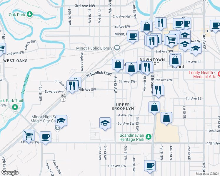 map of restaurants, bars, coffee shops, grocery stores, and more near 620 6th Avenue Southwest in Minot