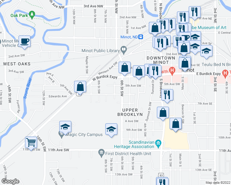 map of restaurants, bars, coffee shops, grocery stores, and more near 620 7th Street Southwest in Minot