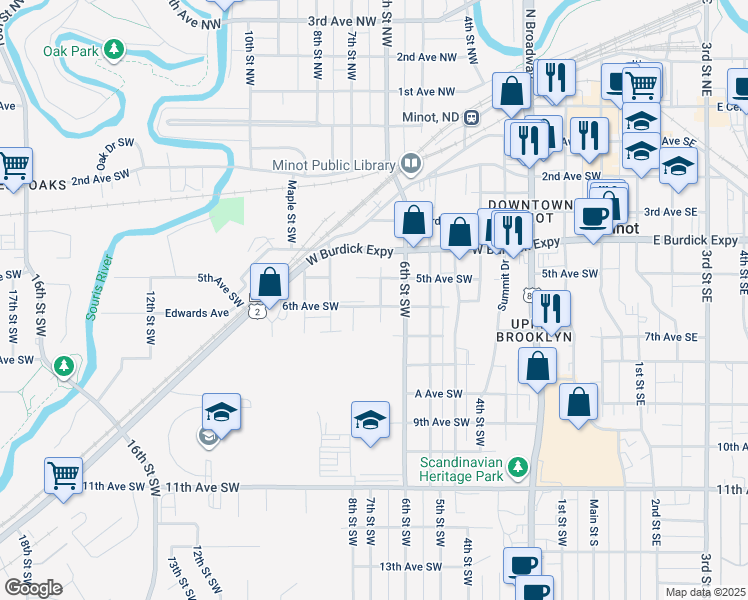 map of restaurants, bars, coffee shops, grocery stores, and more near 620 7th Street Southwest in Minot