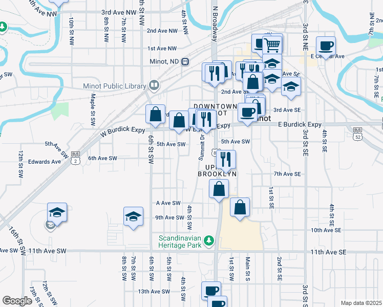 map of restaurants, bars, coffee shops, grocery stores, and more near 505 4th Street Southwest in Minot