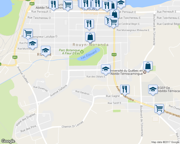map of restaurants, bars, coffee shops, grocery stores, and more near 38 Rue Iberville Est in Rouyn-Noranda