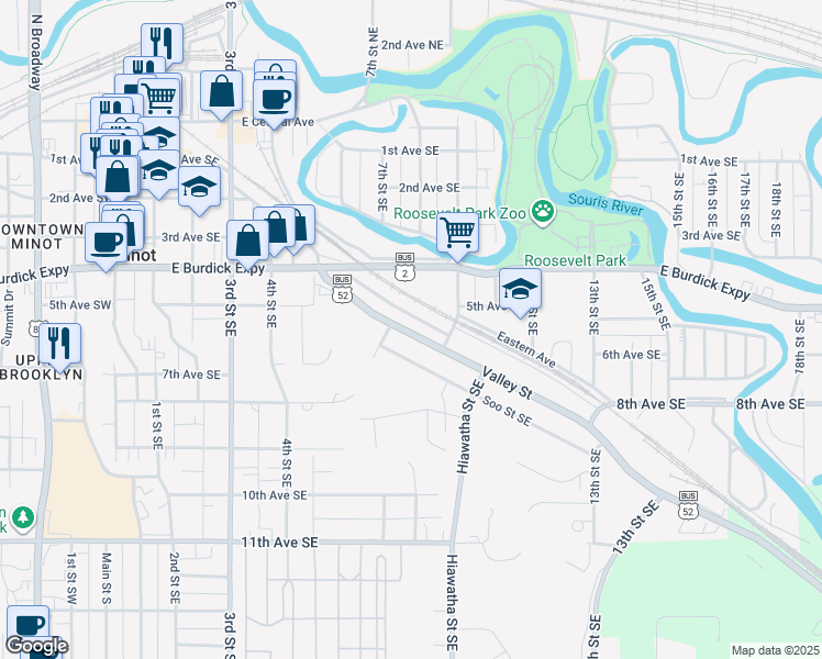 map of restaurants, bars, coffee shops, grocery stores, and more near 715 Valley Street in Minot