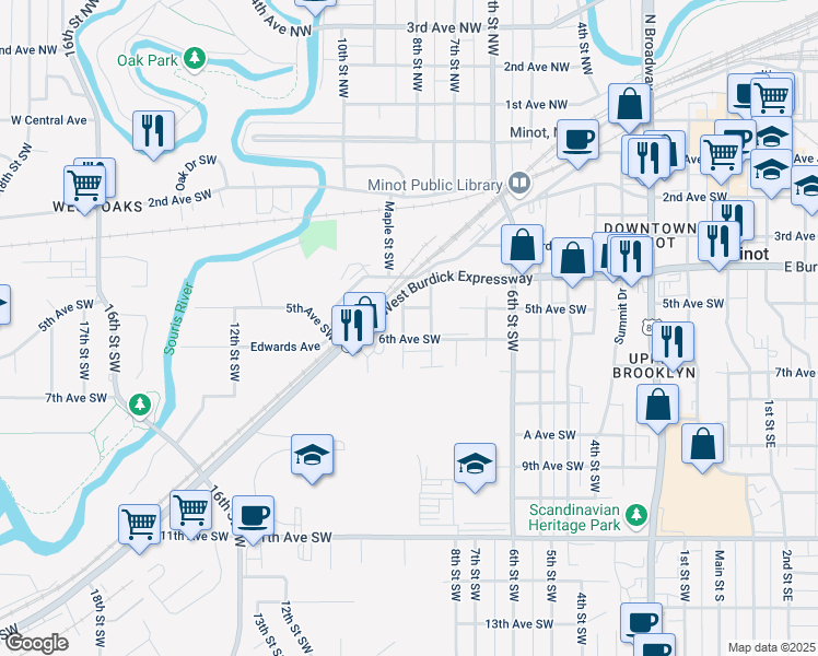 map of restaurants, bars, coffee shops, grocery stores, and more near 513 Maple Street in Minot