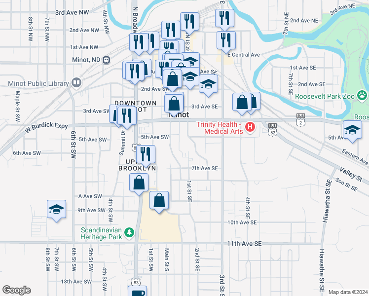 map of restaurants, bars, coffee shops, grocery stores, and more near 514 1st Street Southeast in Minot