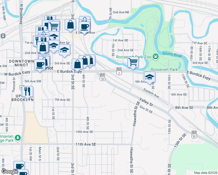map of restaurants, bars, coffee shops, grocery stores, and more near 600 Valley Street in Minot