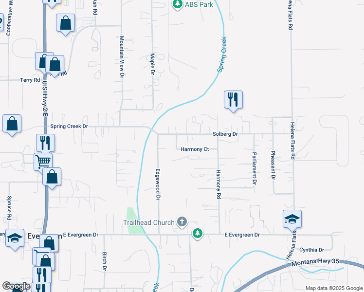 map of restaurants, bars, coffee shops, grocery stores, and more near 1095 Harmony Court in Kalispell