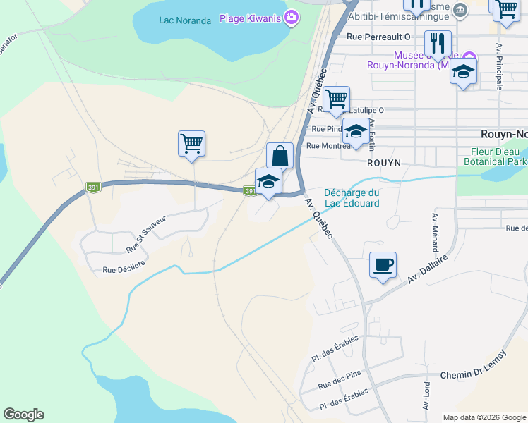 map of restaurants, bars, coffee shops, grocery stores, and more near 39 Avenue Desneiges in Rouyn-Noranda