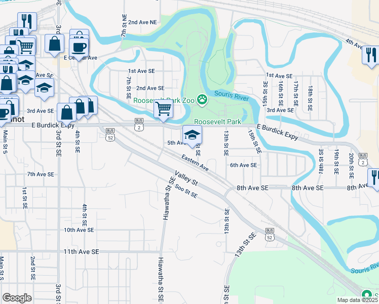 map of restaurants, bars, coffee shops, grocery stores, and more near 1000 5th Avenue Southeast in Minot