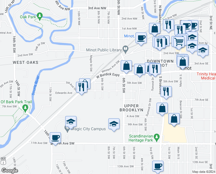 map of restaurants, bars, coffee shops, grocery stores, and more near 724 6th Avenue Southwest in Minot