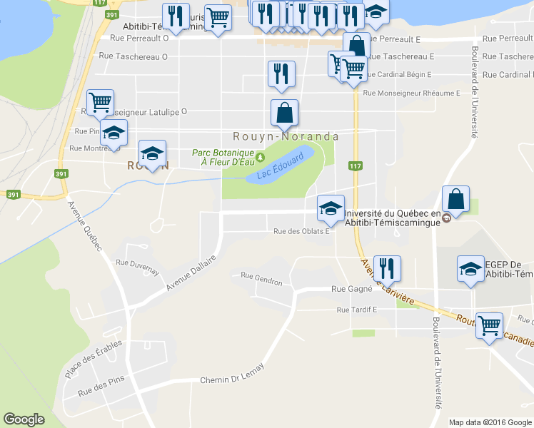 map of restaurants, bars, coffee shops, grocery stores, and more near 4 Iberville Street East in Rouyn-Noranda