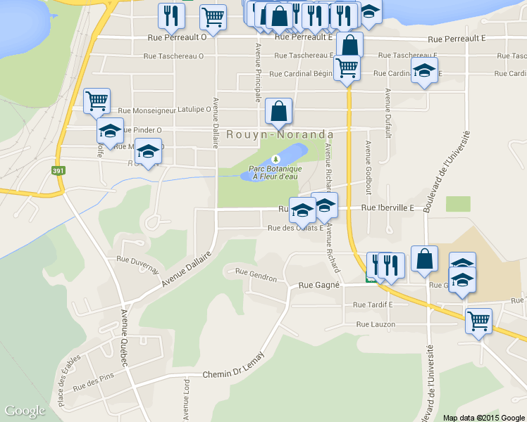 map of restaurants, bars, coffee shops, grocery stores, and more near 8 Rue Iberville Est in Rouyn-Noranda