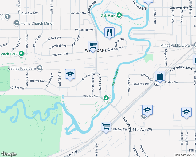 map of restaurants, bars, coffee shops, grocery stores, and more near 504 16th Street Southwest in Minot