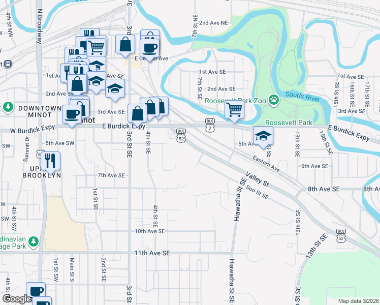 map of restaurants, bars, coffee shops, grocery stores, and more near 604 Valley Street in Minot